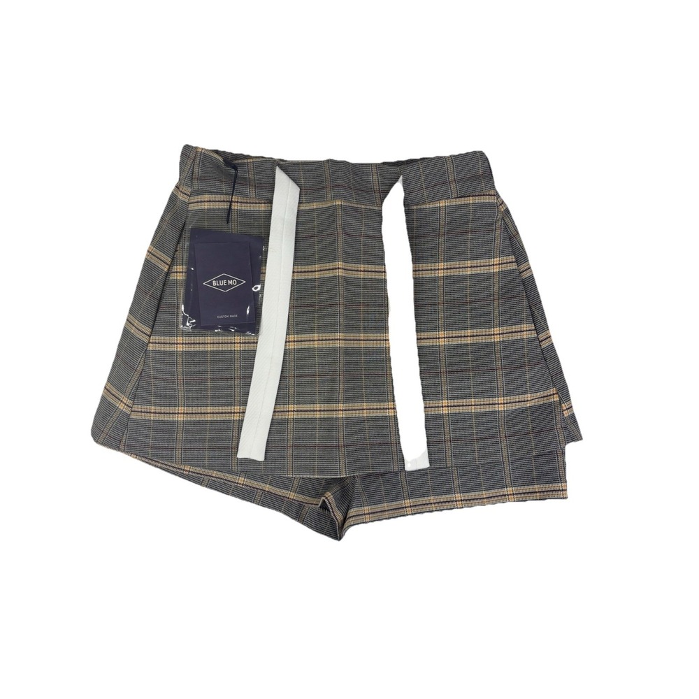 Blue Mo Custom Made Grey & Yellow Plaid‎ Skort W/ White Drawstring Sz 1